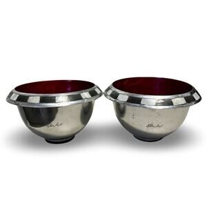 Set of 2 Julia Knight Mother of Pearl Ringed Bowls Cast Aluminum Red Enamel